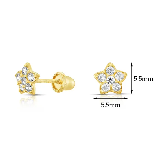 10k Yellow Gold Star Stud Earrings with Simulated Diamond and Secure Screw-Backs