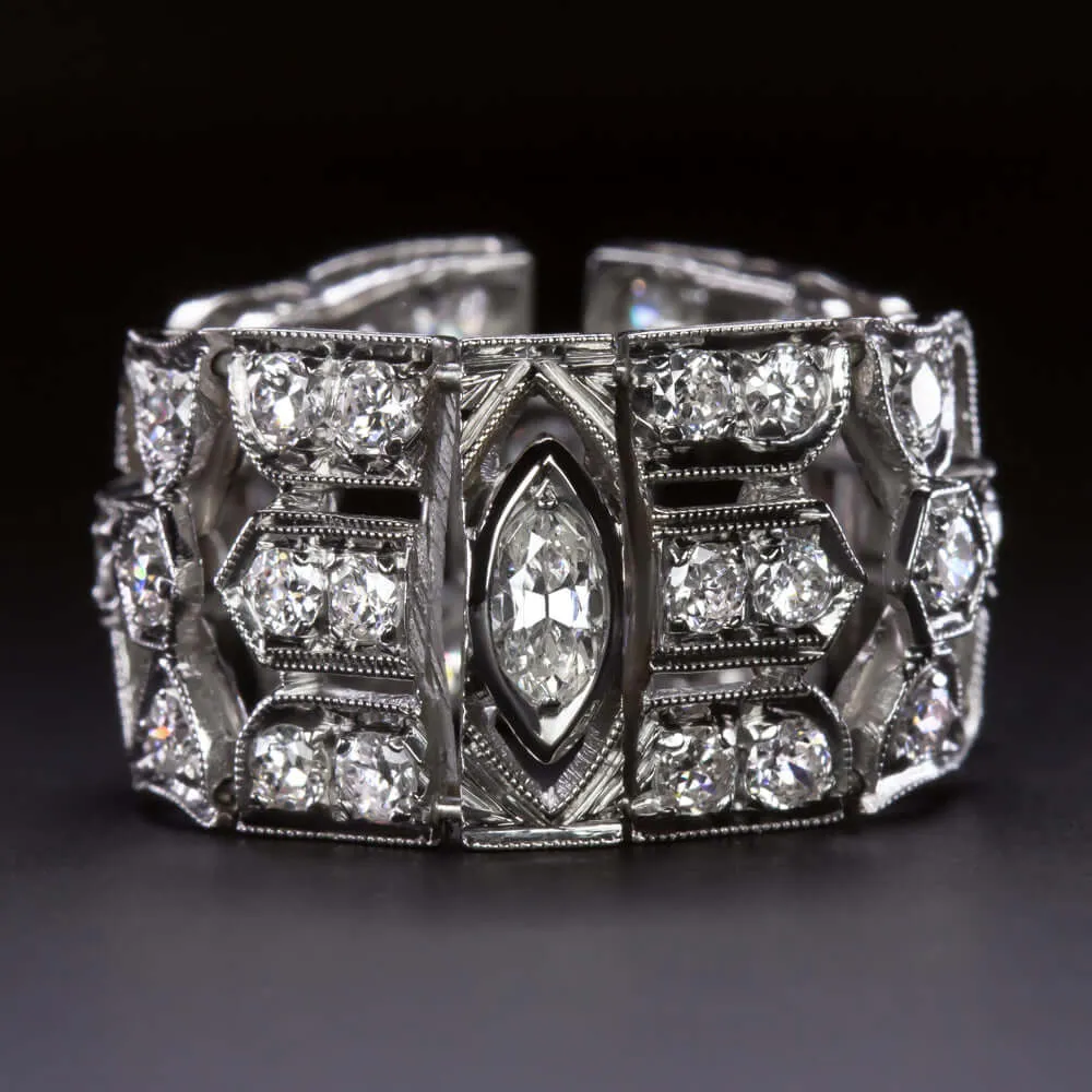 1.5 CARAT OLD CUT DIAMOND PLATINUM FLEXIBLE LINK RING ART DECO VINTAGE WIDE BAND