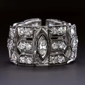 1.5 CARAT OLD CUT DIAMOND PLATINUM FLEXIBLE LINK RING ART DECO VINTAGE WIDE BAND