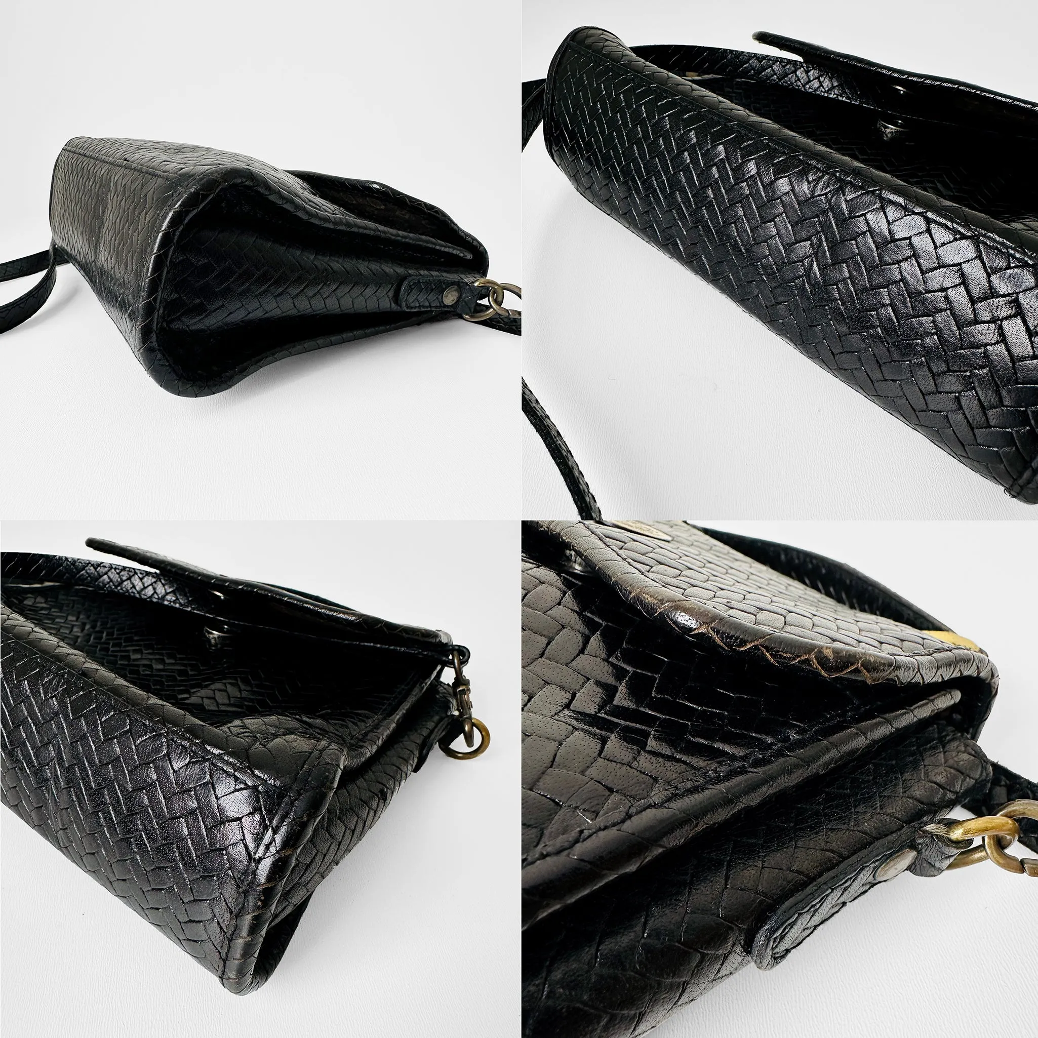 1990s Black Leather Herringbone Weave LIZ CLAIBORNE Crossbody Purse