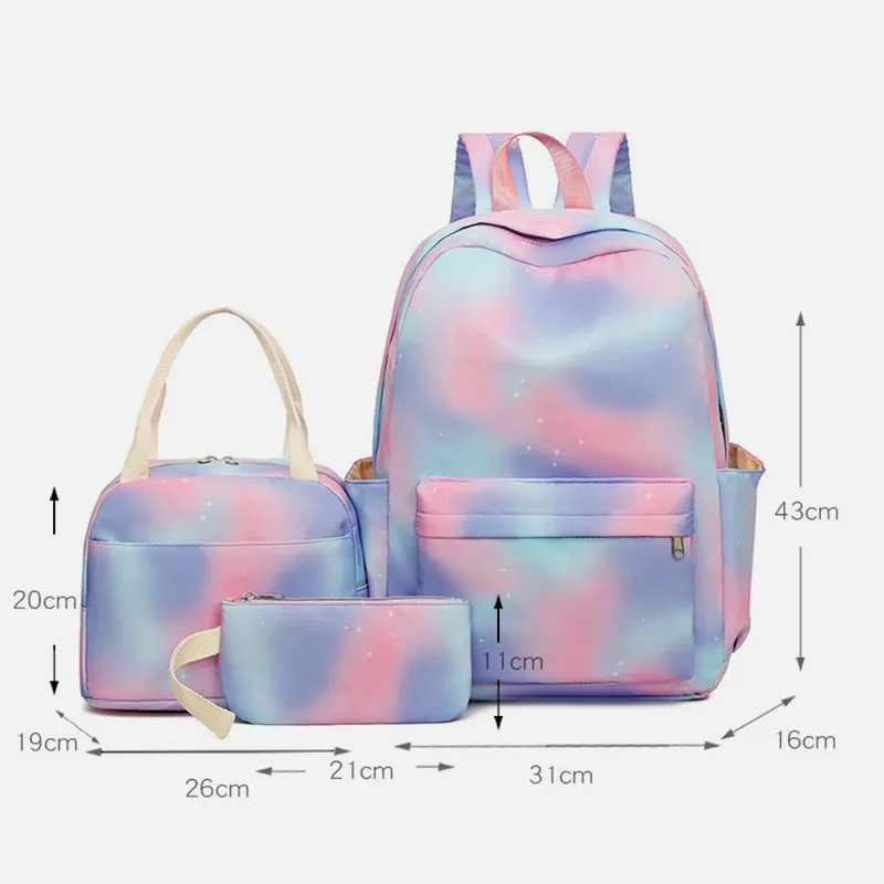 3Pcs Tie-dye Girls Backpack School Bookbag Set Students Women Canvas Daypack