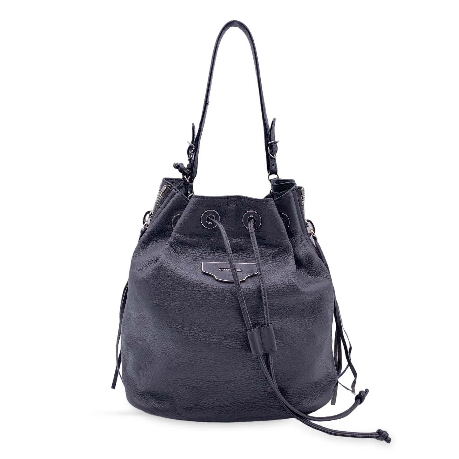 BALENCIAGA Grey Leather Papier Plate Bucket Drawstring Bag
