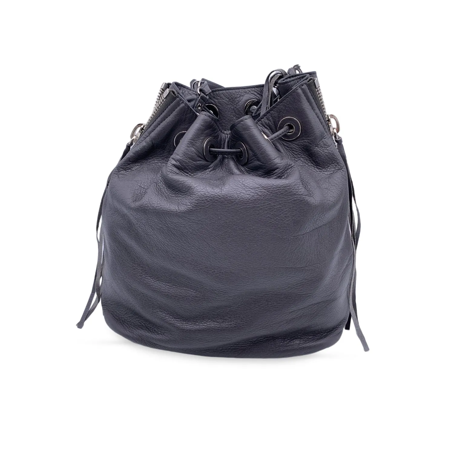 BALENCIAGA Grey Leather Papier Plate Bucket Drawstring Bag