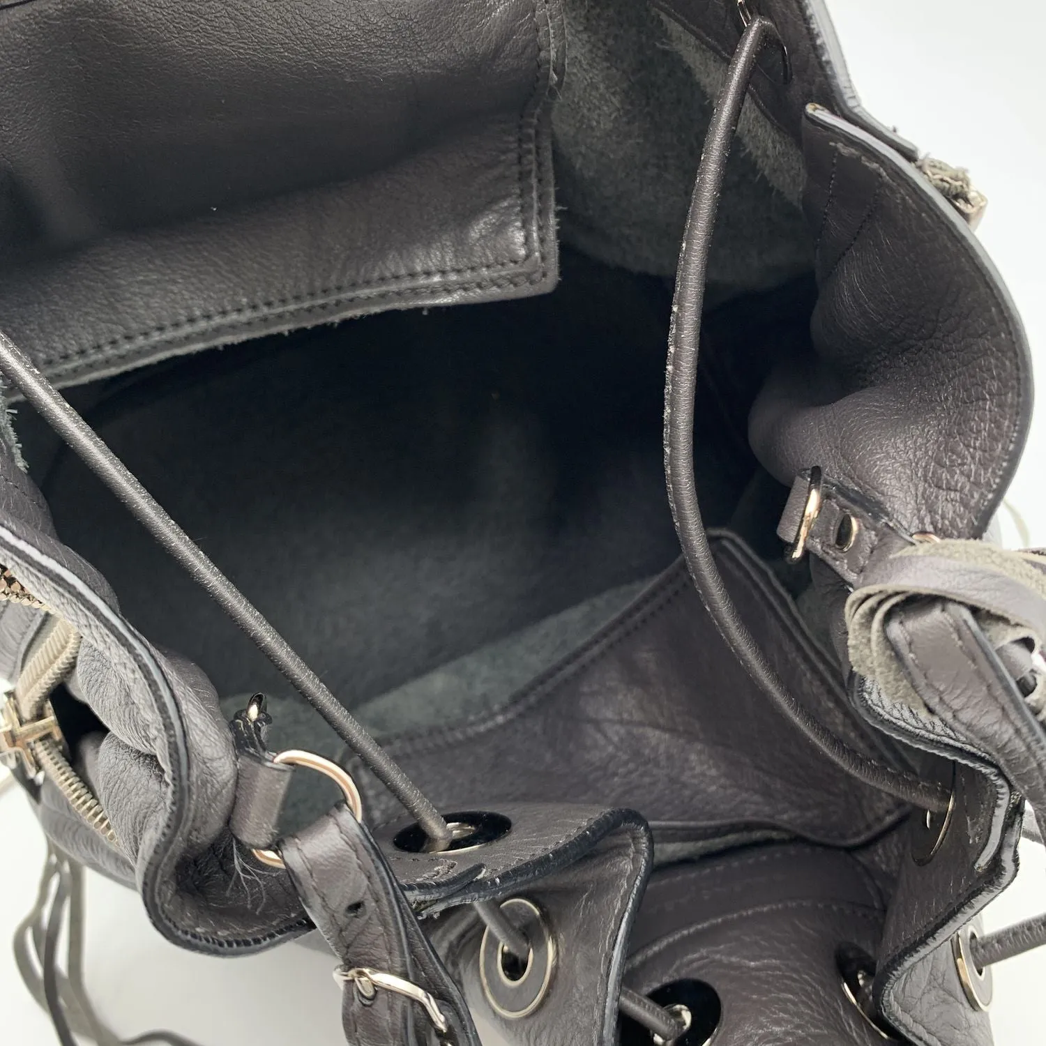 BALENCIAGA Grey Leather Papier Plate Bucket Drawstring Bag
