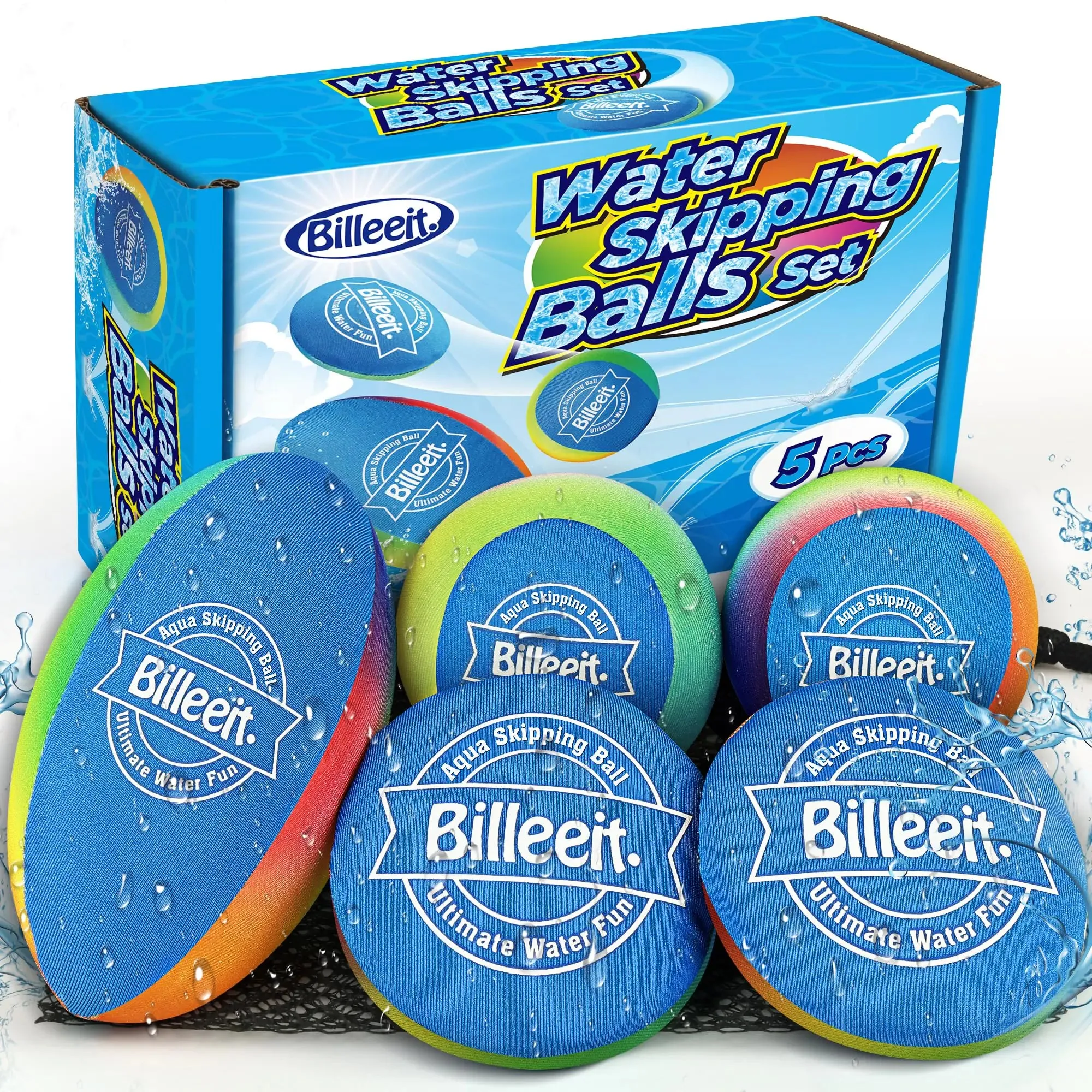 Billeeit Water Skipping Balls Set for Pool Play Include 1 Rugby 2 Balls and 2 Discs Rainbow Color Splash Water Bouncing Balls Fun Beach Toys & Games for Kids 3  4-8-12 and Adults