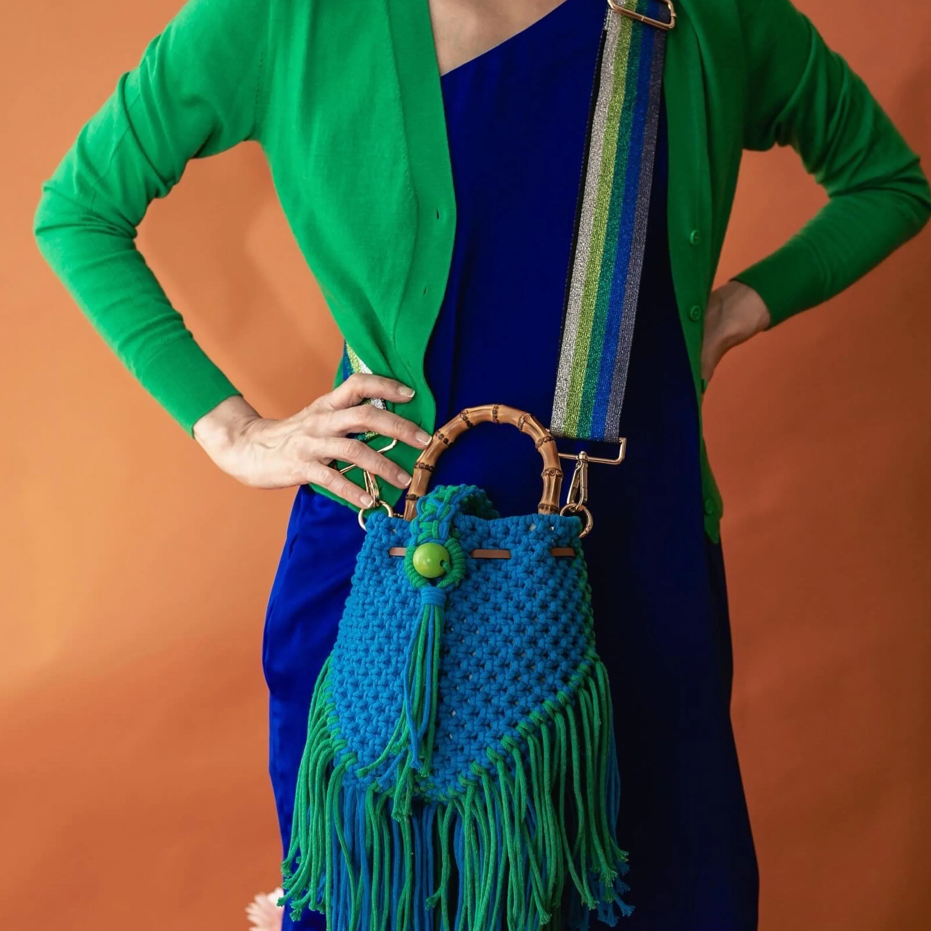 Charlie Blue & Green Macrame Bucket Bag