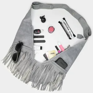 Gray Fringe Leather Sash Bag