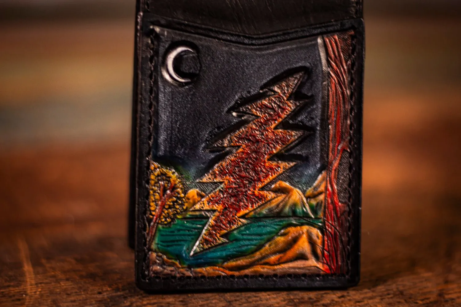 Handcrafted Leather Money Clip Wallet - Deadhead Lightning Bolt with Moonlit Lake and Mountain Scene - Minimalist Wallet with Card Slots