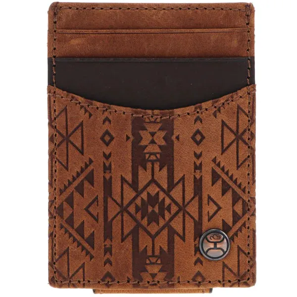 Hooey "Monterey" Brown Leather Aztec Embossed Print Money Clip Wallet