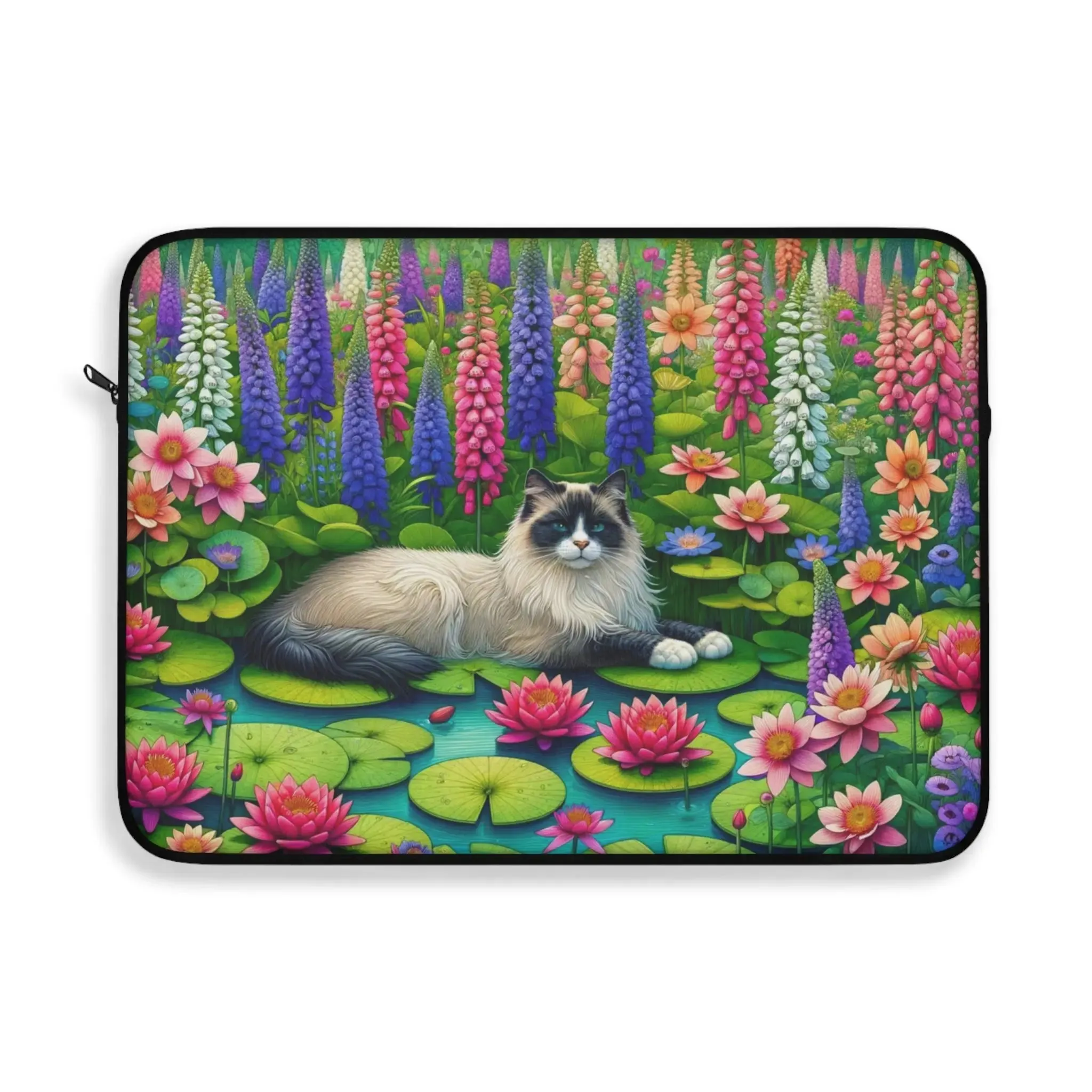 July Birth Flower - Water Lily and Larkspur - Cat Lover - Laptop Sleeve