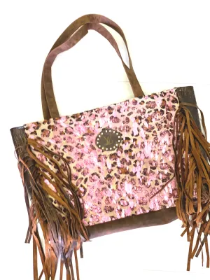 Leather Tote in Brown Crocodile and Acid Pink Leopard, Brown Patch