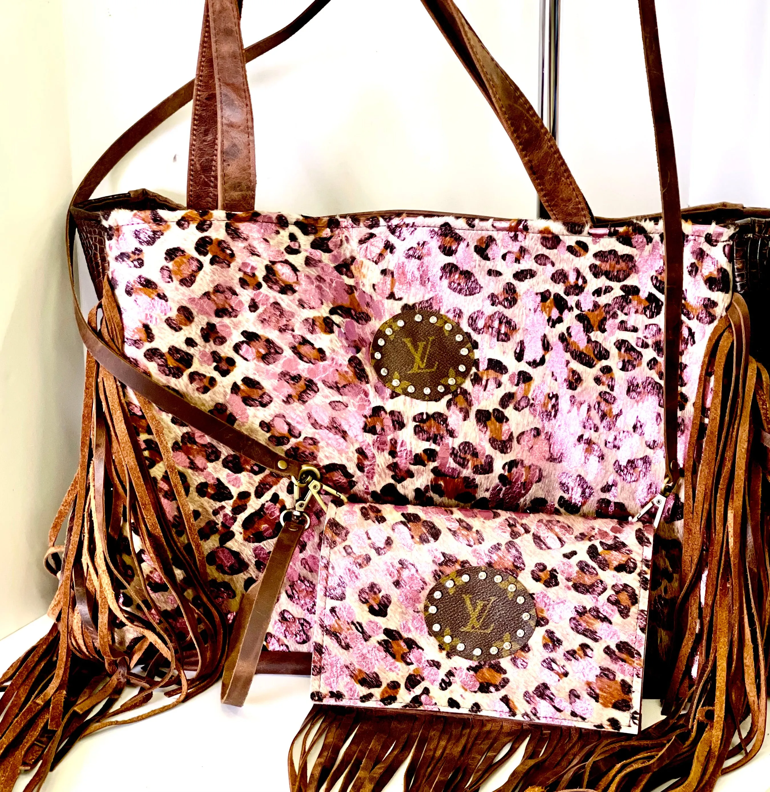Leather Tote in Brown Crocodile and Acid Pink Leopard, Brown Patch