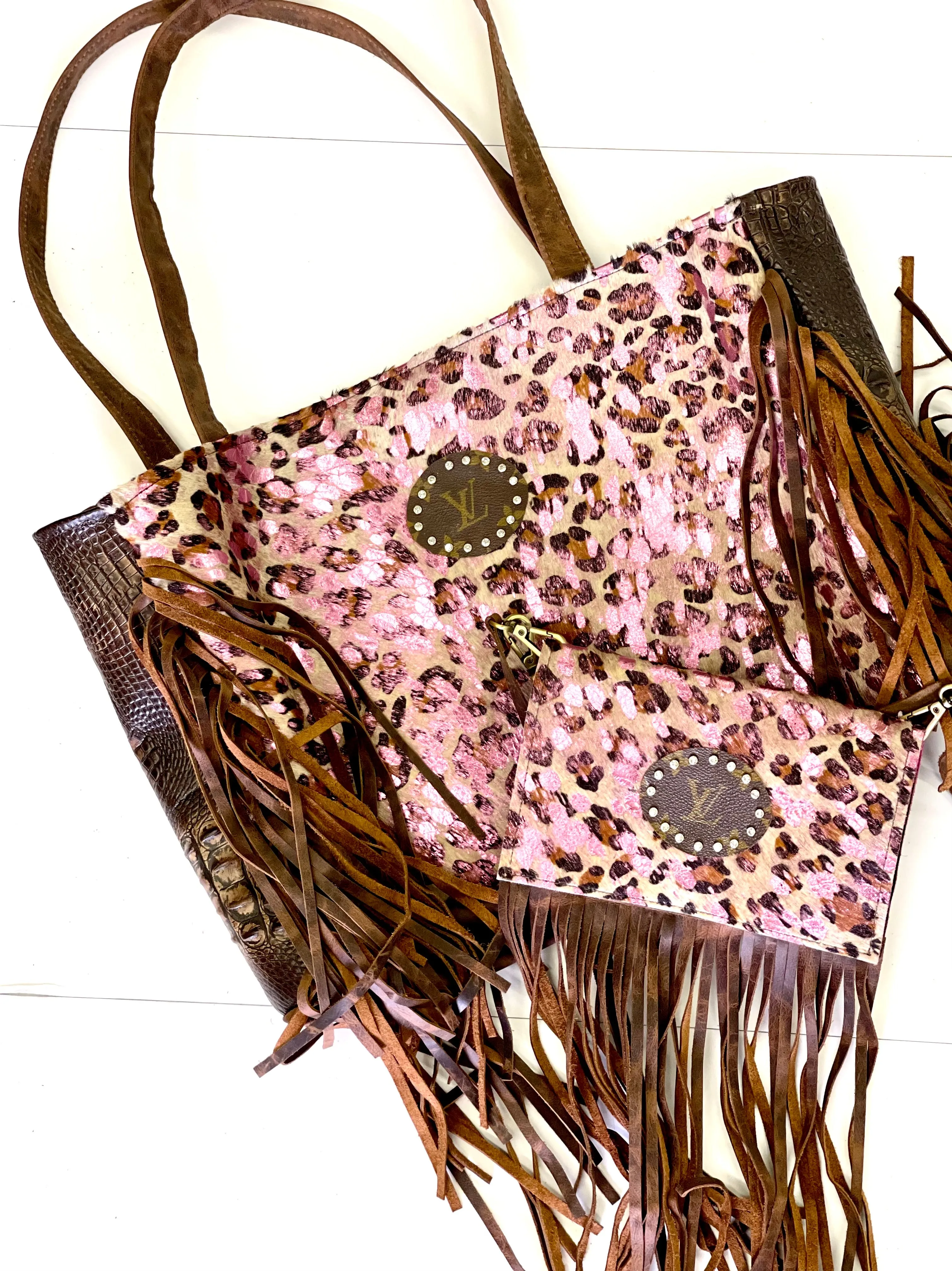 Leather Tote in Brown Crocodile and Acid Pink Leopard, Brown Patch