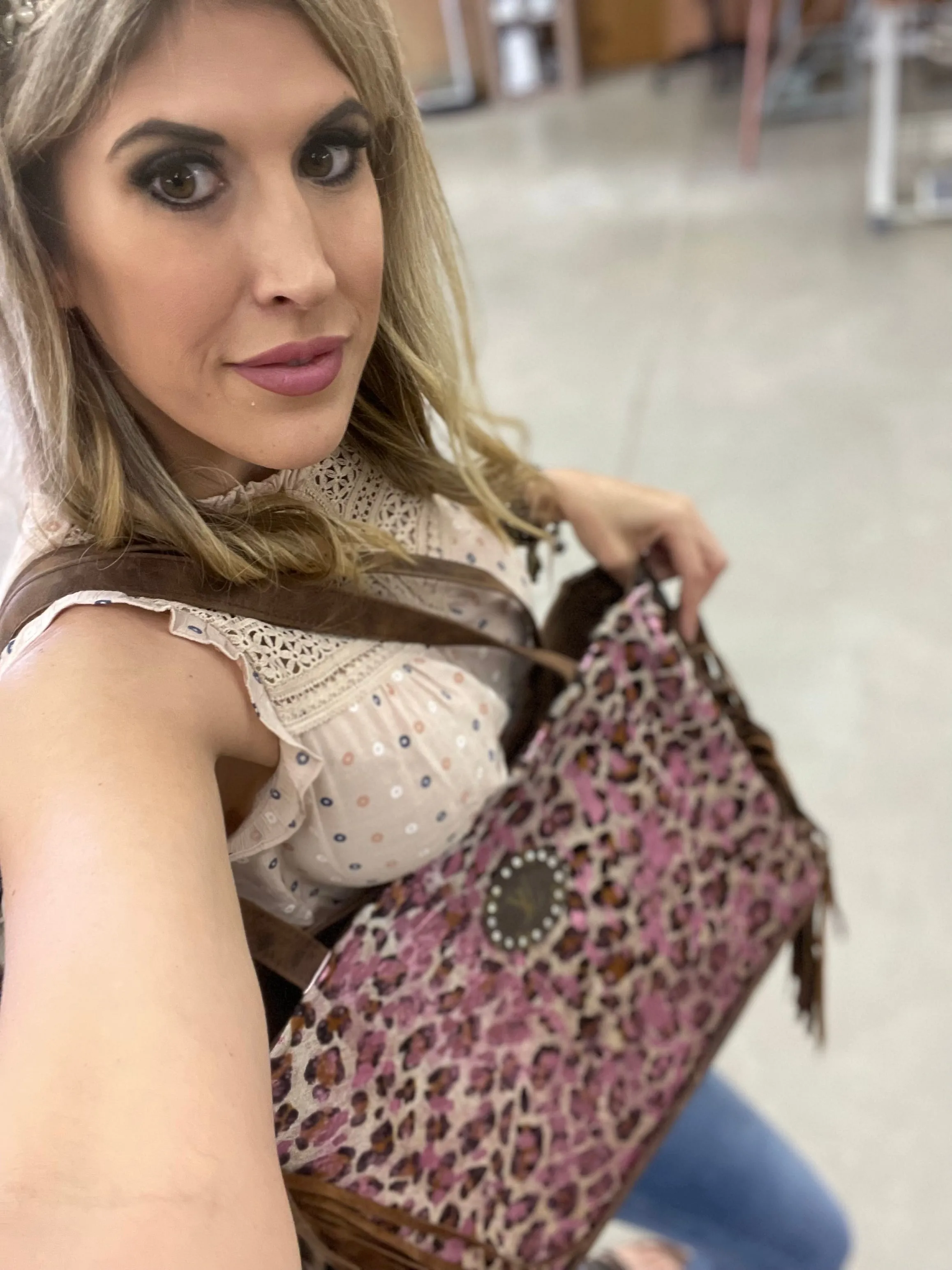 Leather Tote in Brown Crocodile and Acid Pink Leopard, Brown Patch
