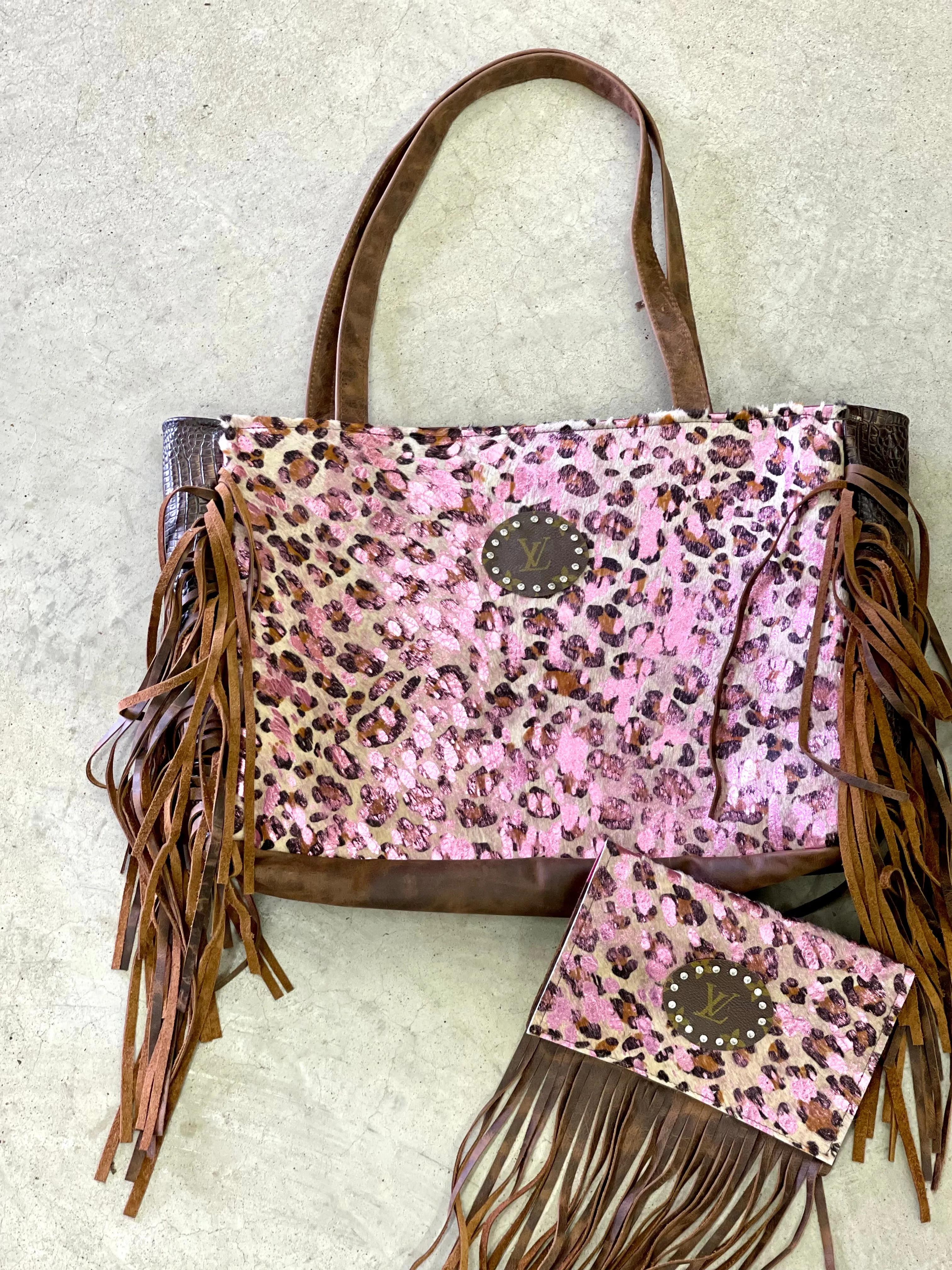Leather Tote in Brown Crocodile and Acid Pink Leopard, Brown Patch