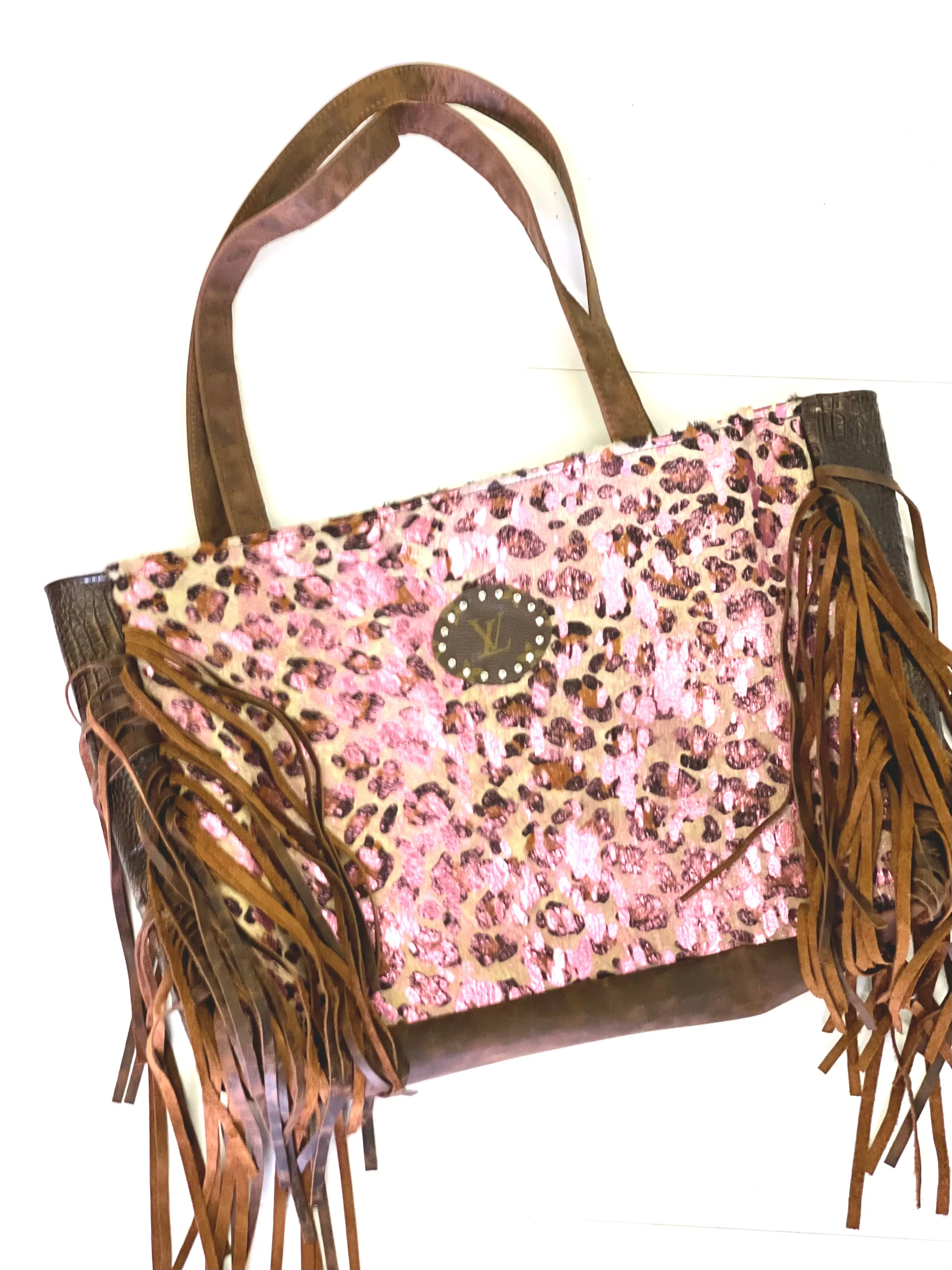 Leather Tote in Brown Crocodile and Acid Pink Leopard, Brown Patch