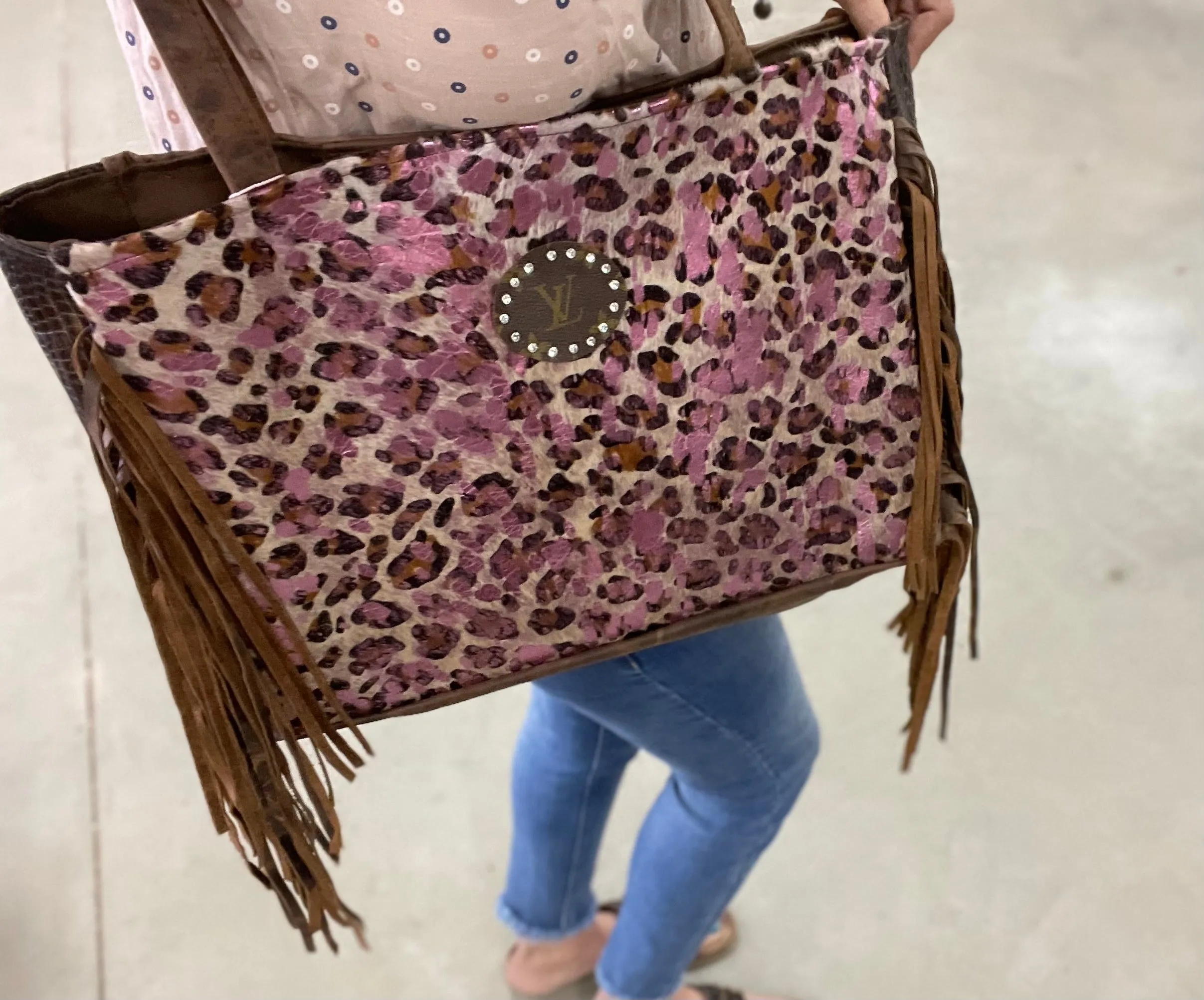Leather Tote in Brown Crocodile and Acid Pink Leopard, Brown Patch