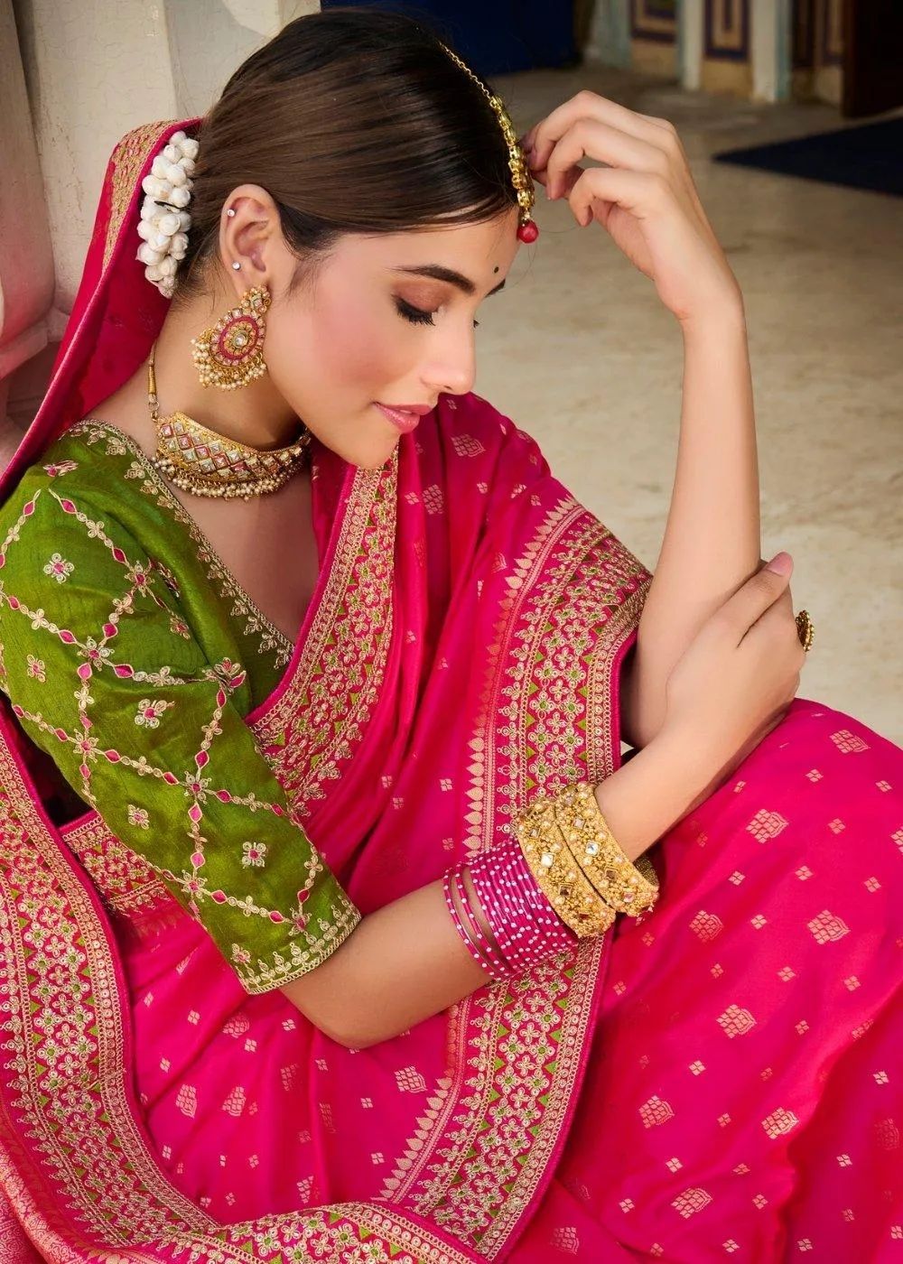 Magenta Pink Woven Banarasi Silk Saree with Embroidered Blouse | Stitched Blouse