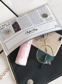 Newspaper Print Flap Chain Bag
