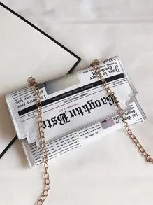 Newspaper Print Flap Chain Bag