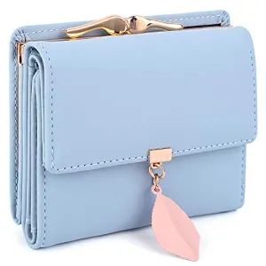 UTO Small Wallet for Women PU Leather Leaf Pendant Card Holder Organizer Coin Cute Purse Light Blue