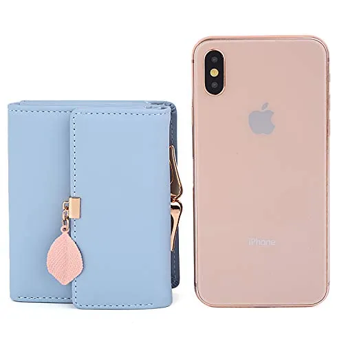 UTO Small Wallet for Women PU Leather Leaf Pendant Card Holder Organizer Coin Cute Purse Light Blue