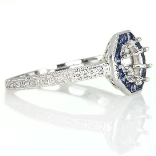 VINTAGE STYLE BLUE SAPPHIRE HALO DIAMOND MOUNT ENGAGEMENT RING ROUND SETTING 14K