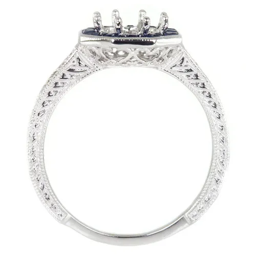 VINTAGE STYLE BLUE SAPPHIRE HALO DIAMOND MOUNT ENGAGEMENT RING ROUND SETTING 14K