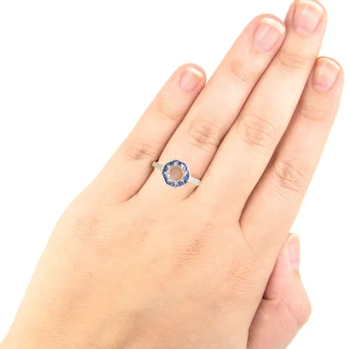 VINTAGE STYLE BLUE SAPPHIRE HALO DIAMOND MOUNT ENGAGEMENT RING ROUND SETTING 14K