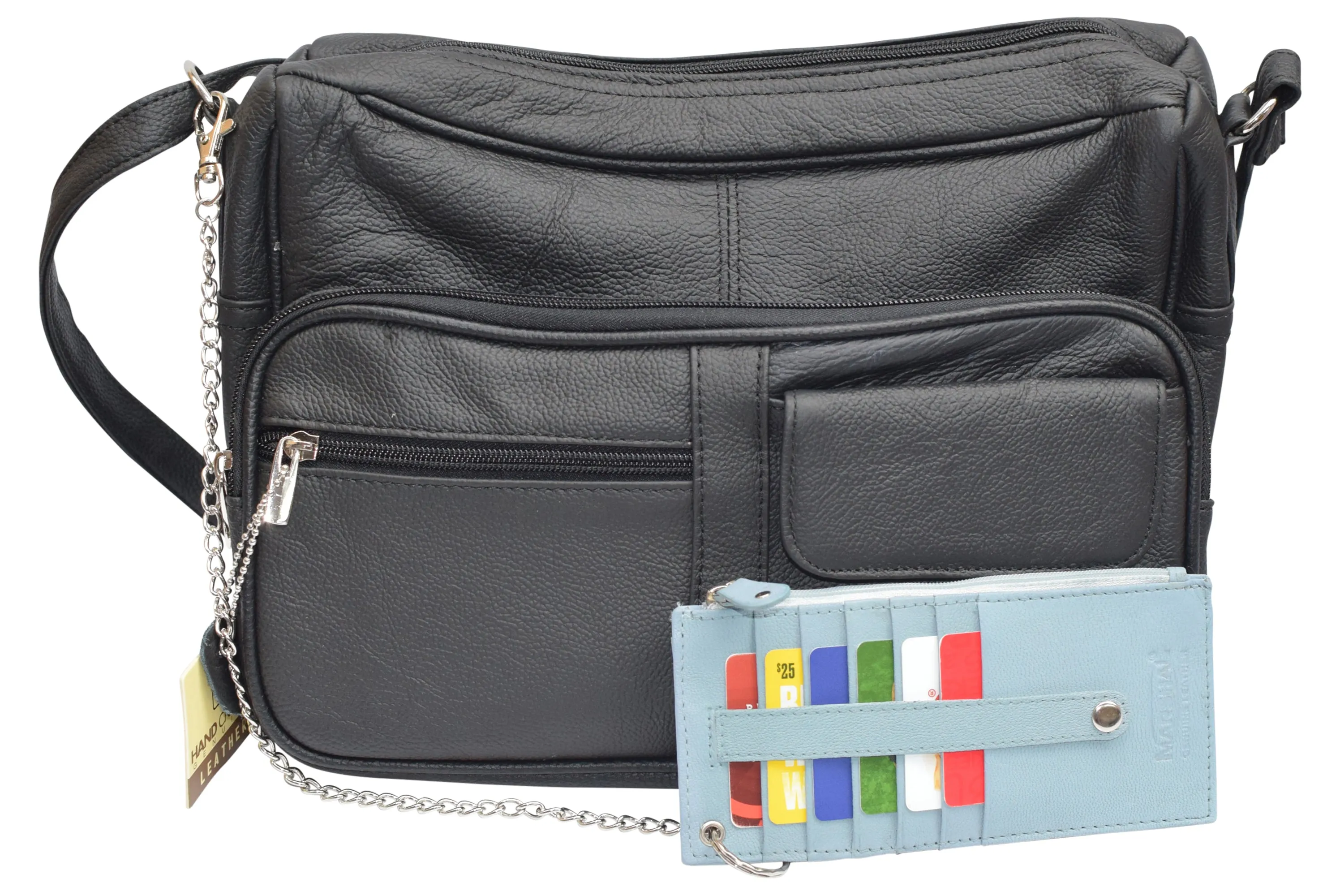 Women's Card Case Holder Slim Wallet with Chain & Card Protection Strap Genuine Leather
