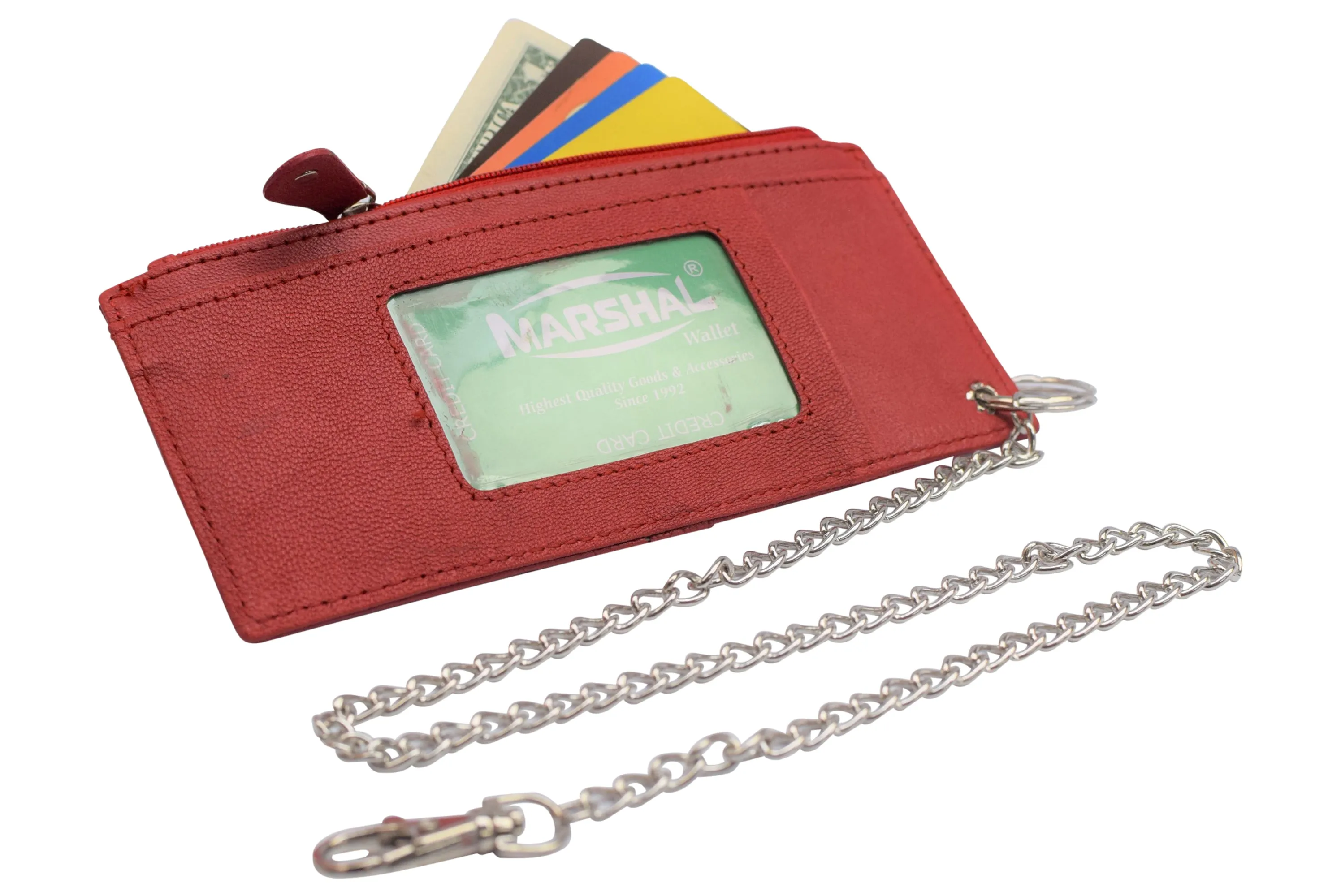 Women's Card Case Holder Slim Wallet with Chain & Card Protection Strap Genuine Leather