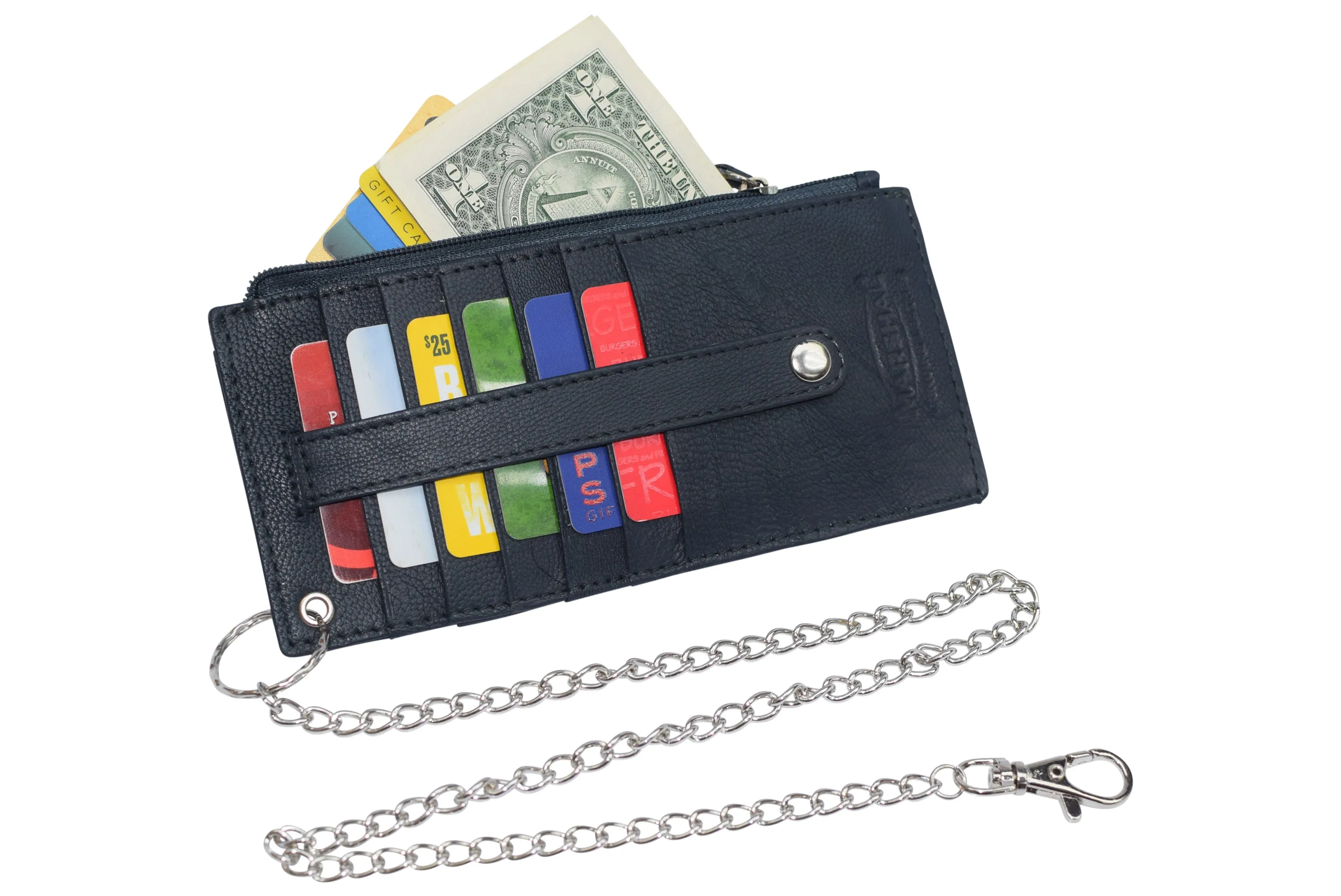 Women's Card Case Holder Slim Wallet with Chain & Card Protection Strap Genuine Leather
