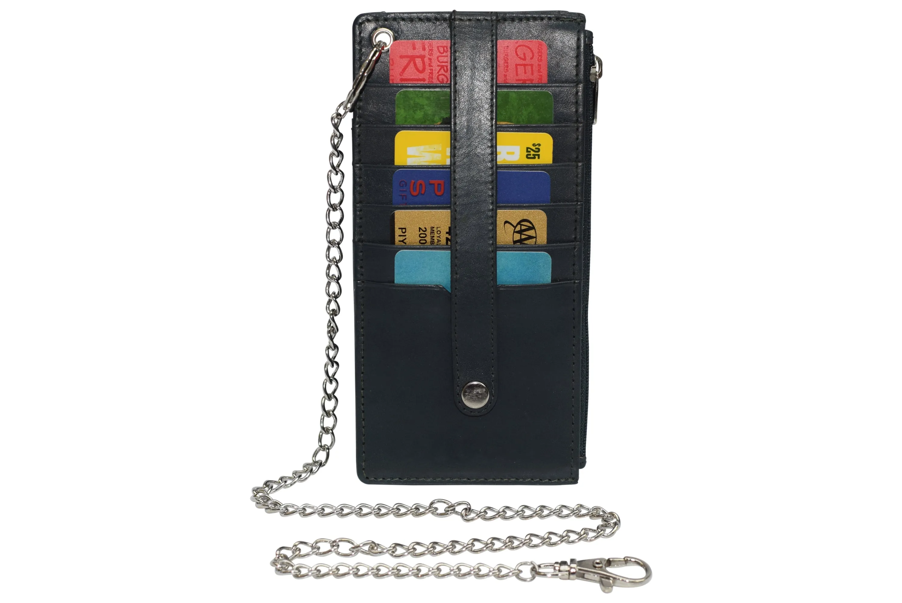 Women's Card Case Holder Slim Wallet with Chain & Card Protection Strap Genuine Leather