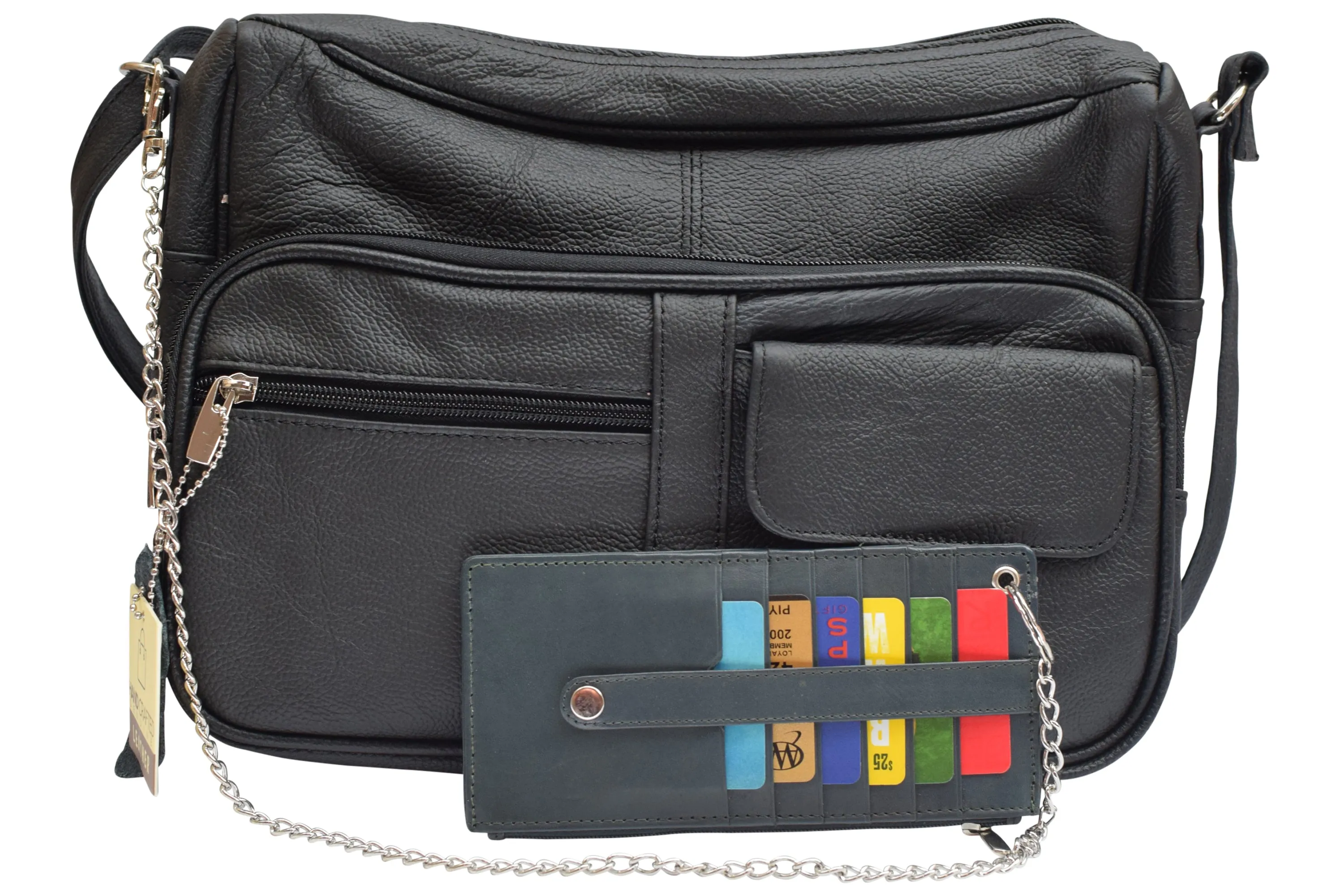 Women's Card Case Holder Slim Wallet with Chain & Card Protection Strap Genuine Leather