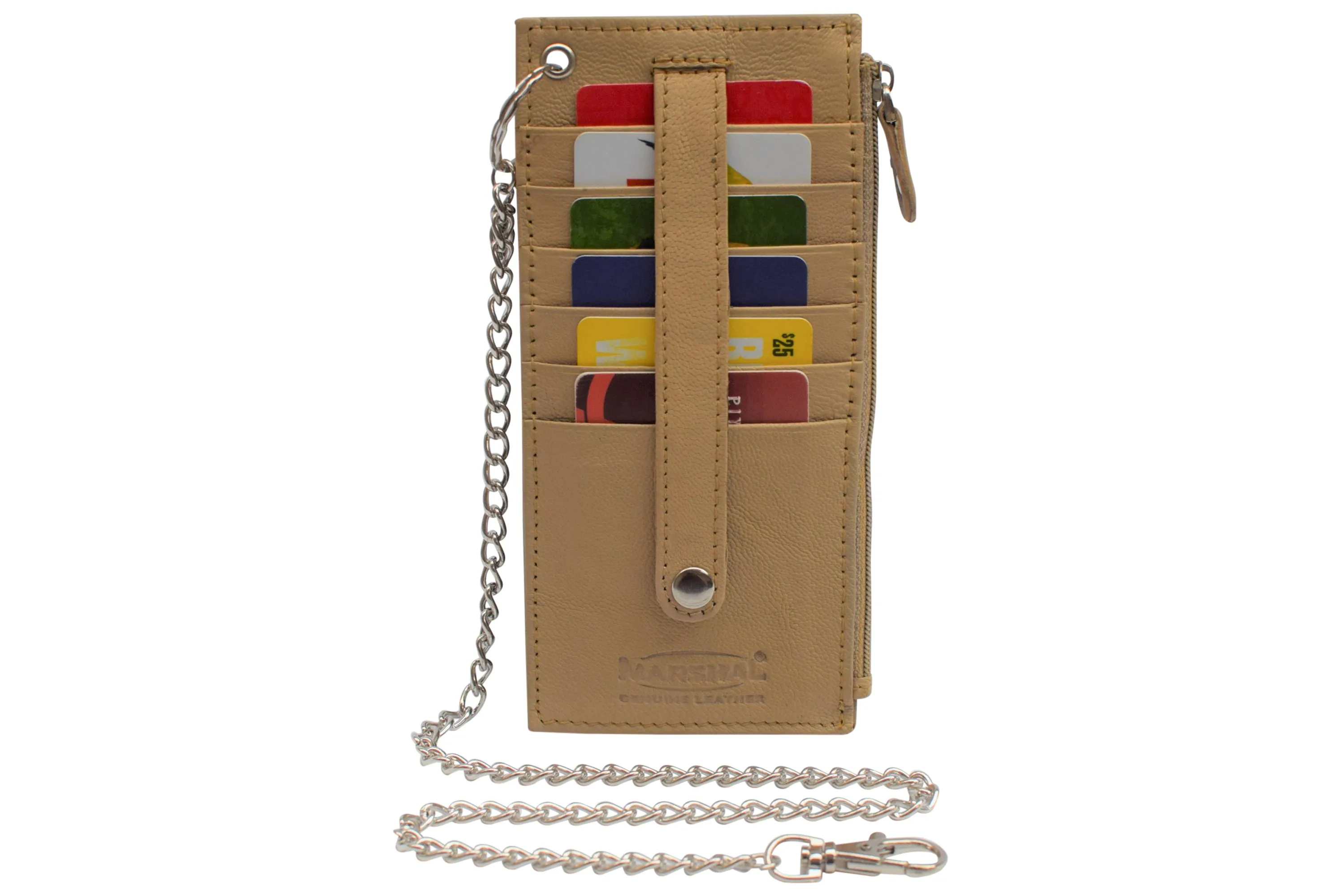 Women's Card Case Holder Slim Wallet with Chain & Card Protection Strap Genuine Leather